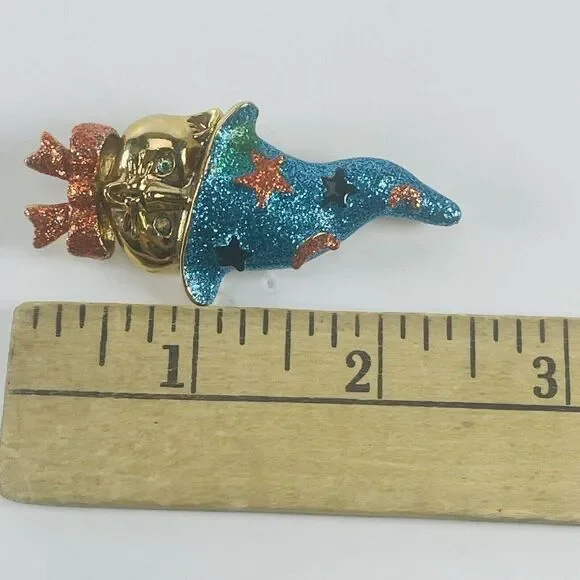 Vintage KIRKS FOLLY Crystal Glitter Enamel HALLOWEEN Cat in Witch Hat PIN BROOCH